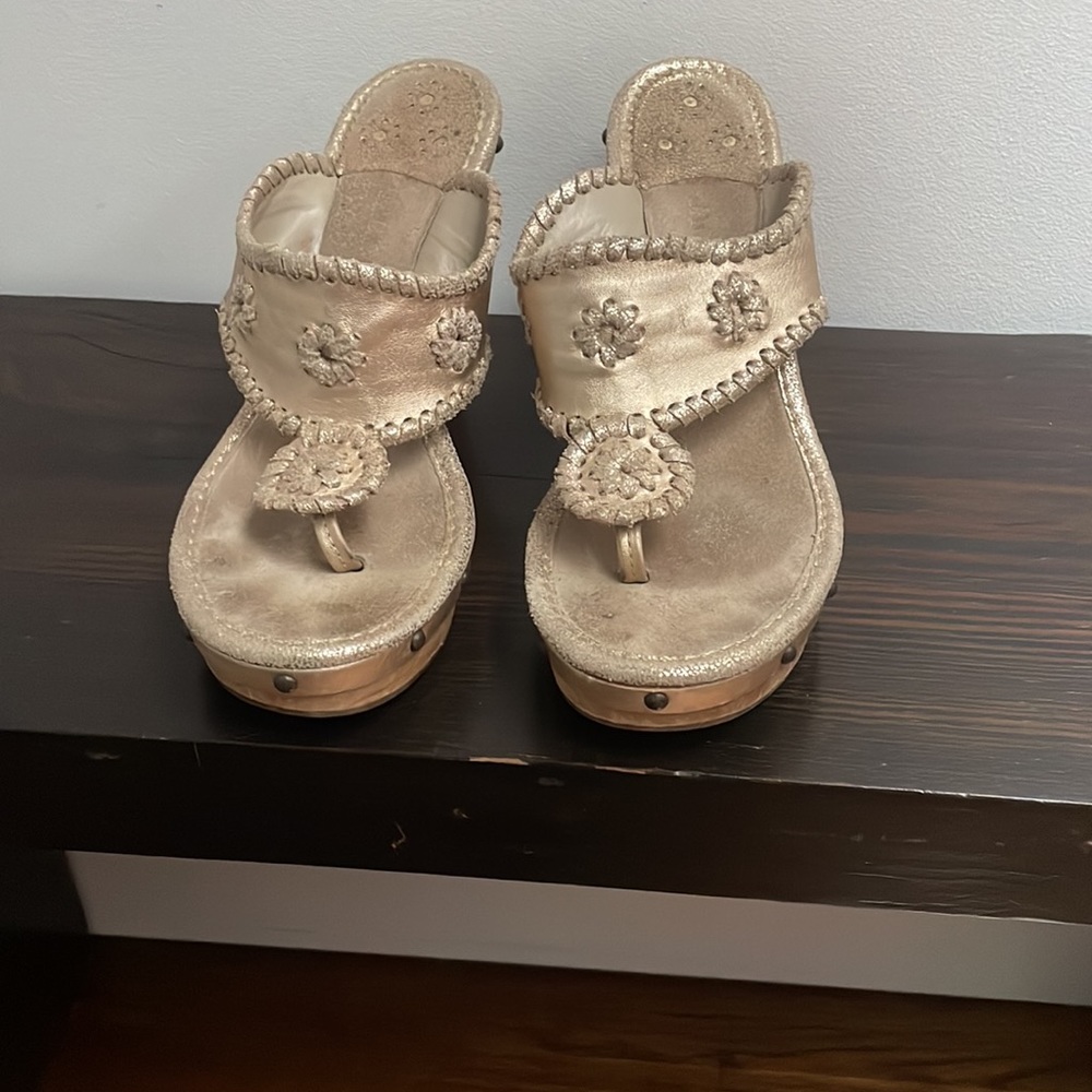 Jack Rodgers gold wood wedge thong sandal